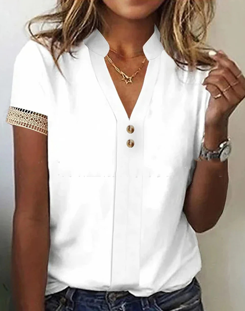 Women's Shirt Lace Shirt Blouse White Lace Shirt Plain Casual Button White Short Sleeve Elegant Fashion Basic Standing Collar