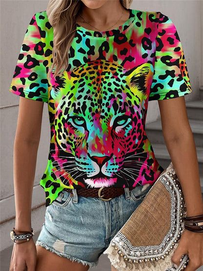 Women's T shirt Tee Leopard Daily Weekend Print Blue Short Sleeve Fashion Crew Neck Summer