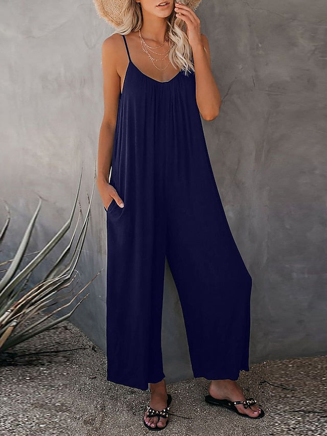 Women's Basic Daily Wide Leg Navy Blue Overall Solid Color - LuckyFash™