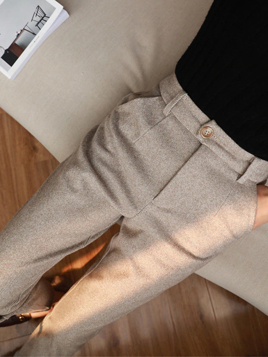 Women‘s Dress Pants Herringbone Pant Fleece Flannel Cropped Pants Ankle-Length Fashion Streetwear Office Work Black ash-colored S M Fall Winter