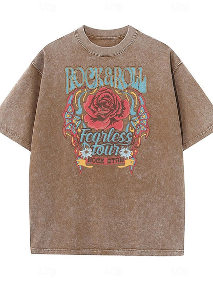 Women's T shirt Tee Acid Wash 100% Cotton Rose Wild Western Rock and Roll Coachella Fearless Daily Summer