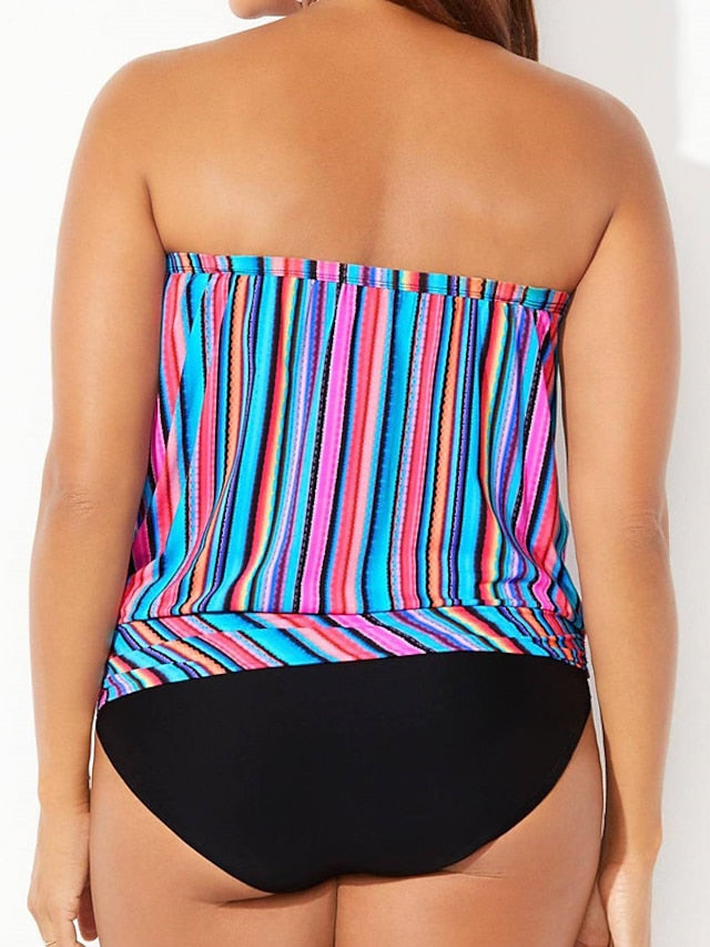 Women's Swimwear Tankini 2 Piece Plus Size Swimsuit Open Back Printing for Big Busts Striped Blue Tube Top Strapless Bathing Suits Sports Casual Vacation / Sexy / Modern / Spa / New / Padded Bras - LuckyFash™