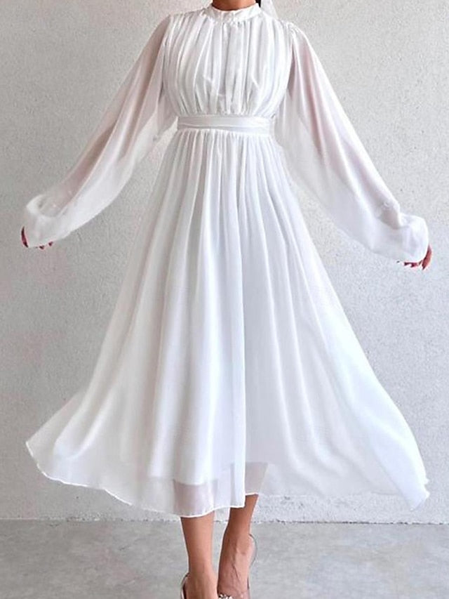 Women's White Dress Casual Dress Swing Dress Long Dress Maxi Dress Ruched Date Elegant Streetwear Stand Collar Long Sleeve Black White Pink Color