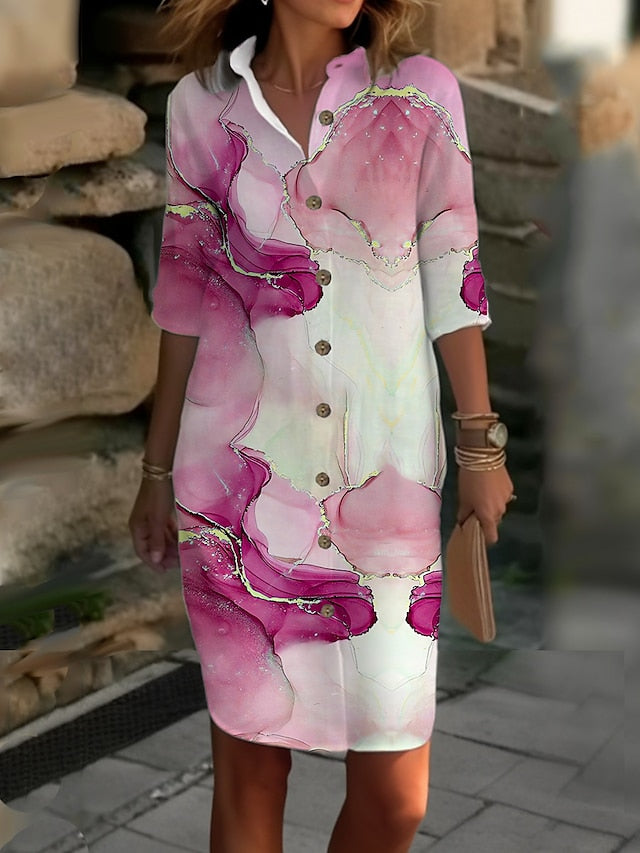 Women's Shirt Dress Casual Dress Cotton Linen Dress Midi Dress Button Print Daily Vacation Shirt Collar 3/4 Length Sleeve Summer Spring Fall White Dark Pink Ombre Floral