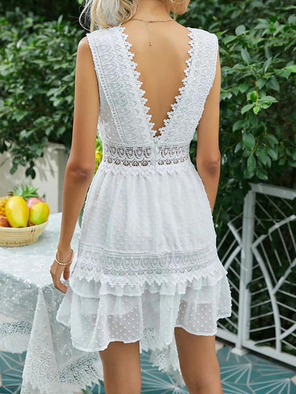 Women's White Lace Wedding Dress Mini Dress Cotton with Sleeve Date Vacation Streetwear A Line V Neck Sleeveless White Color