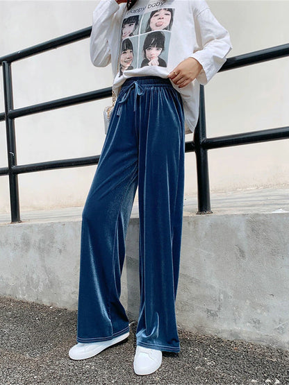 Women‘s Wide Leg Velvet Pants Trousers Baggy Full Length Pocket Micro-elastic High Waist Fashion Streetwear Party Peacock Blue Black S M Fall & Winter