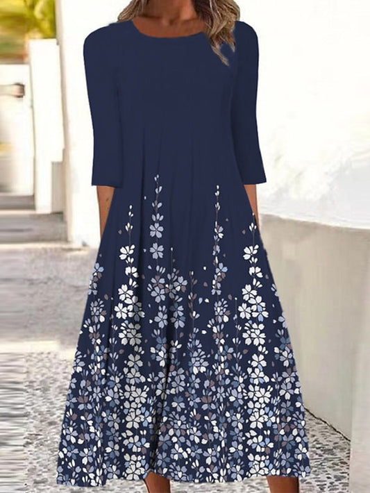 Women's Casual Dress Shift Dress Midi Dress Navy Blue 3/4 Length Sleeve Floral Print Summer Spring Crew Neck Basic Vacation Fall Dress Summer Dress 2023 S M L XL XXL 3XL 4XL 5XL