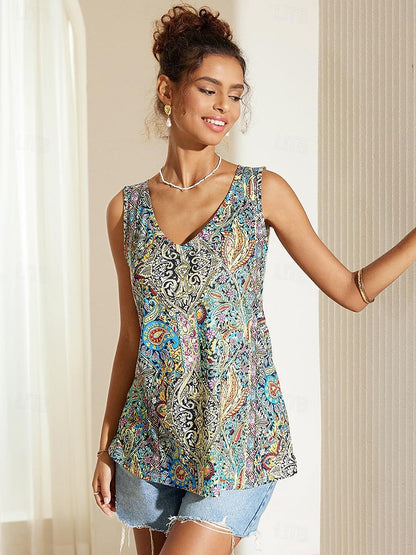 Women's Tank Top Boho Sleeveless Vest Paisley Vintage Ethnic Print V-Neck Bohemian Casual Vacation Summer Tank