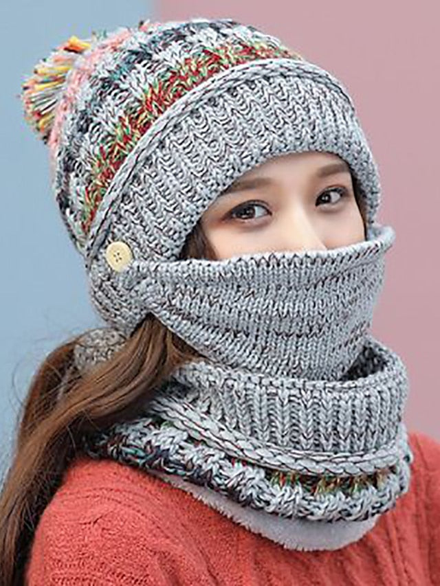 women girls knitted hat scarf mask set winter fleece lined beanie knit ear flaps hat with pompom (pink) - LuckyFash™