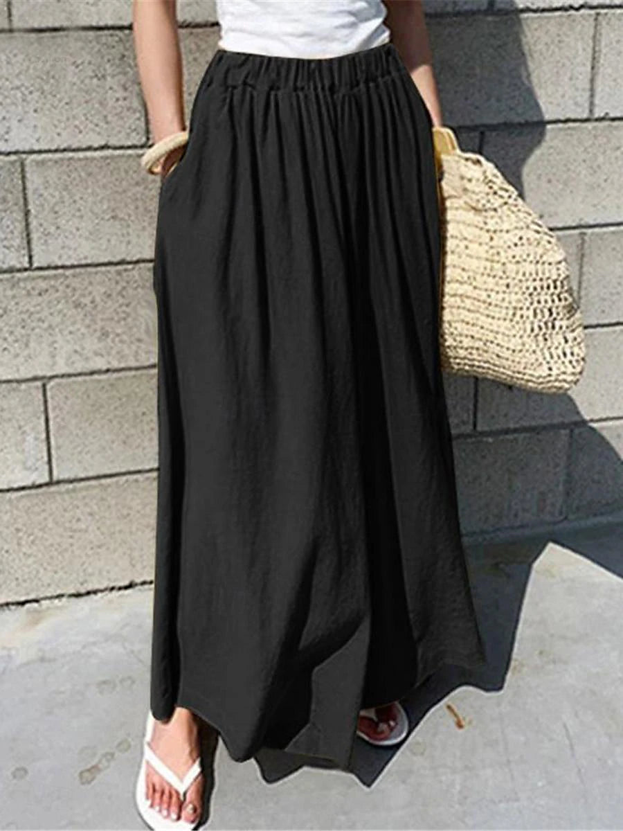 Women's Wide Leg Cotton Linen Plain Black Yellow Basic High Waist Long Daily Wear Vacation Summer Spring