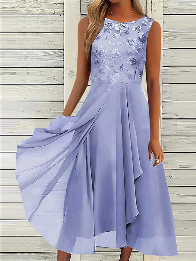 Women's Wedding Guest Dress Party Dress Lace Dress Midi Dress Blue Green Dark Blue Sleeveless Pure Color Lace Summer Spring Fall Crew Neck Fashion Wedding Guest Vacation Summer Dress Loose Fit 2023 S - LuckyFash™