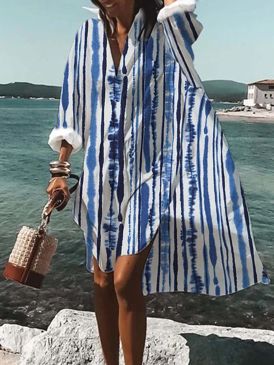 Women's Shirt Dress Casual Dress Swing Dress Mini Dress Outdoor Daily Vacation Polyester Fashion Casual Shirt Collar Button Print Long Sleeve Summer Spring Fall 2023 Loose Fit White Blue Green Floral