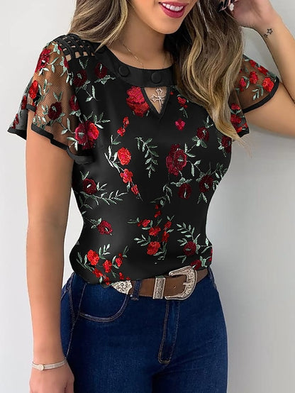 Women's Shirt T shirt Tee Blouse Eyelet top Floral Flower Casual Daily Black Short Sleeve Elegant Round Neck Summer