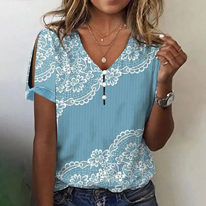 Women's T shirt Tee Henley Shirt Floral Holiday Weekend Button Cut Out Print White Short Sleeve Basic Round Neck