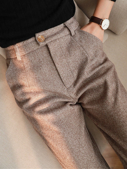 Women‘s Dress Pants Herringbone Pant Fleece Flannel Cropped Pants Ankle-Length Fashion Streetwear Office Work Black ash-colored S M Fall Winter