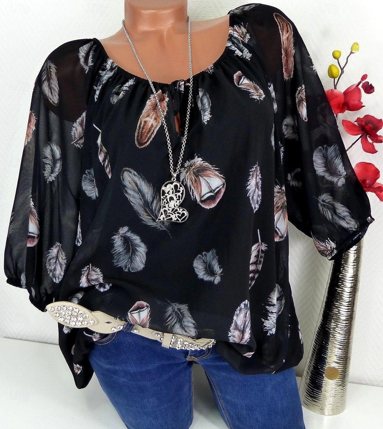 Women's Shirt Blouse Chiffon Feather Daily Vacation Print Black 3/4 Length Sleeve Casual V Neck Spring & Summer