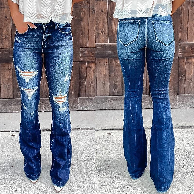 Women‘s Low Rise Jeans Bootcut Distressed Full Length Denim Side Pockets Baggy Micro-elastic High Waist Fashion Casual Work Street Blue S M Fall & Winter