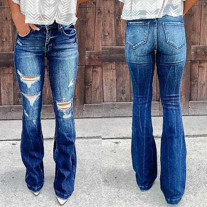 Women‘s Low Rise Jeans Bootcut Distressed Full Length Denim Side Pockets Baggy Micro-elastic High Waist Fashion Casual Work Street Blue S M Fall & Winter