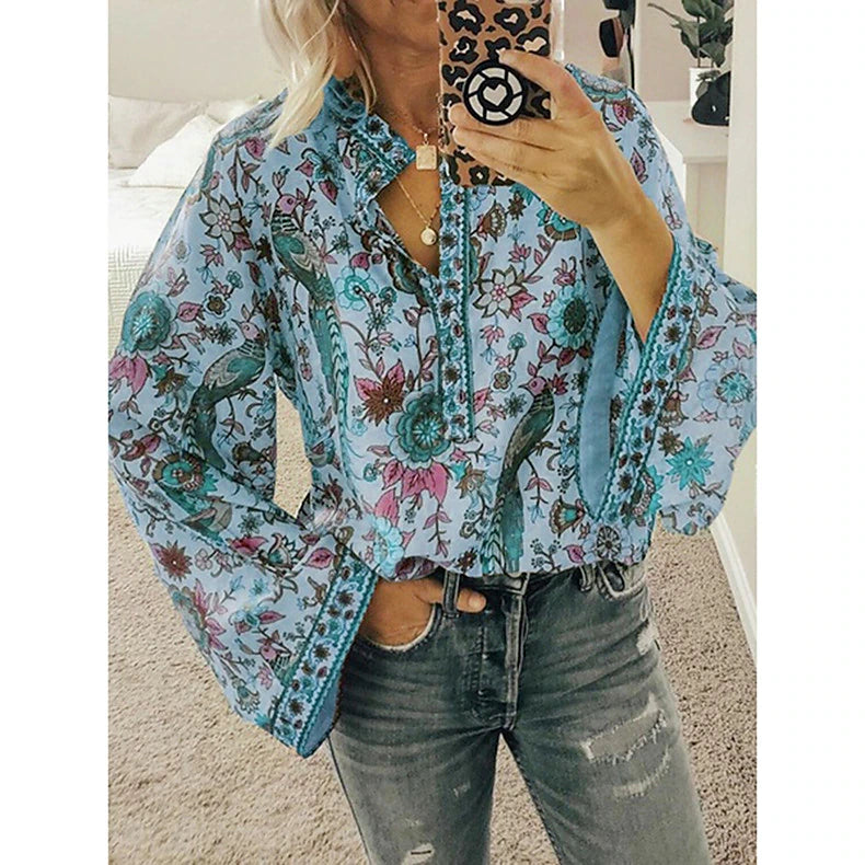 Women's Shirt Blouse Yellow Pink Dusty Rose Graphic Floral Button Print Long Sleeve Daily Holiday Vintage Boho Streetwear Round Neck Regular Boho S