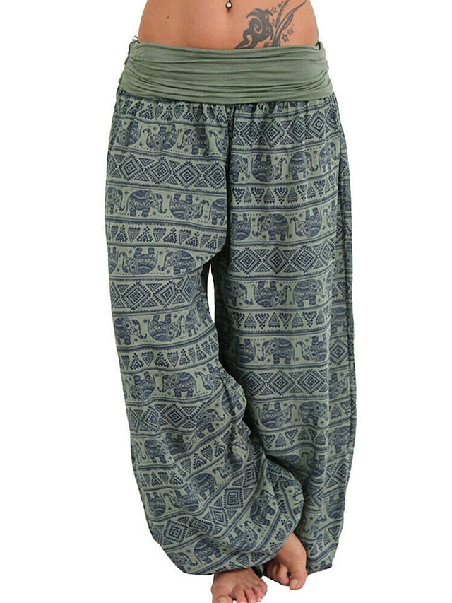 Womenâ€˜s Harem Pants Wide Leg Fold Over Waist Palazzo Bohemia Zumba Belly Dance Yoga Bloomers Bottoms Elephant Hippie Boho Navy ArmyGreen White Plus Size Sports Activewear - LuckyFash™