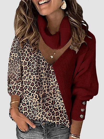 Women's Pullover Sweater Jumper Turtleneck V Neck Ribbed Knit Button Thin Hole Drop Shoulder Fall Winter Daily Going out Stylish Casual Long Sleeve Leopard Color Block Maillard Black White Wine S M L