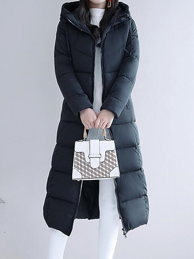 Women's Puffer Jacket Hoodie Jacket Street Daily Valentine's Day Winter Fall Long Coat Regular Fit Warm Breathable Casual Jacket Long Sleeve Solid Color Full Zip Black Dusty Rose Khaki / Going out - LuckyFash™