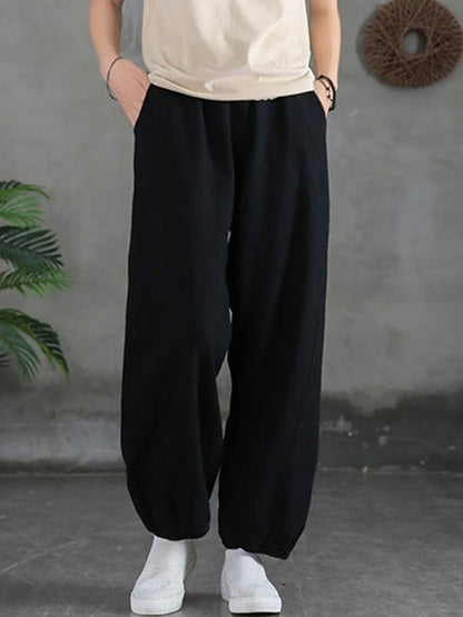 Women's Sweatpants Linen Cotton Blend Plain Light Yellow Black Vacation High Waist Full Length Street Daily Fall Winter