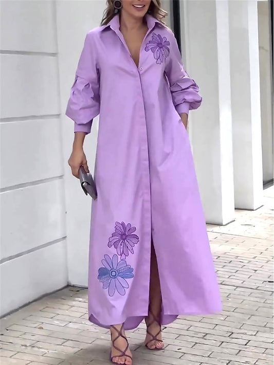 Women's Shirt Dress Casual Dress Shift Dress Maxi long Dress Outdoor Office Daily Cotton Fashion Modern Shirt Collar Button Pocket 3/4 Length Sleeve Summer Spring Fall 2023 Loose Fit Purple Floral S