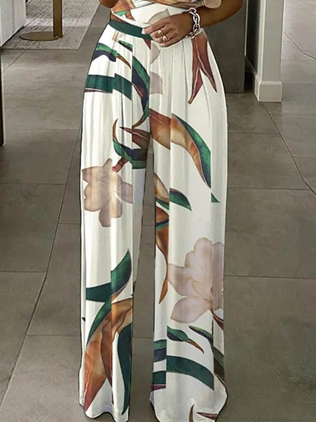 Women's Jumpsuit V-Neck Print Floral Off Shoulder Streetwear Party  Regular Fit Short Sleeve White S M L Spring - LuckyFash™