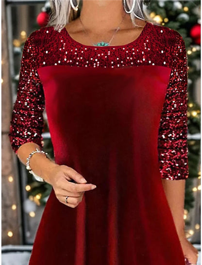 Women's Velvet Dress Sequin Dress Party Dress Velvet Sequins Patchwork Crew Neck Long Sleeve Mini Dress Christmas Wine Spring Winter