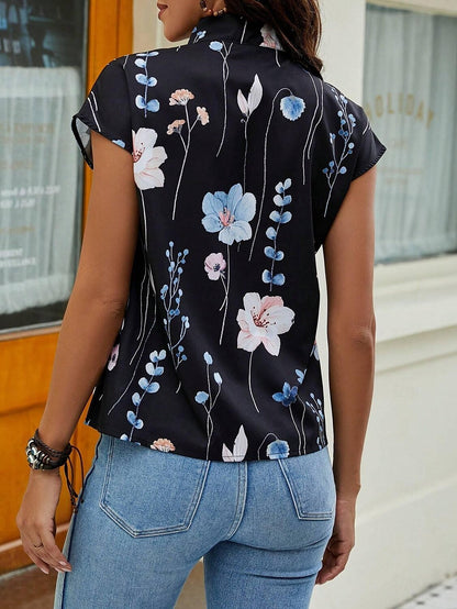 Women's Shirt Blouse Floral Print Black White Button Cap Sleeve Casual Work High Neck Short Sleeve Summer Blouse