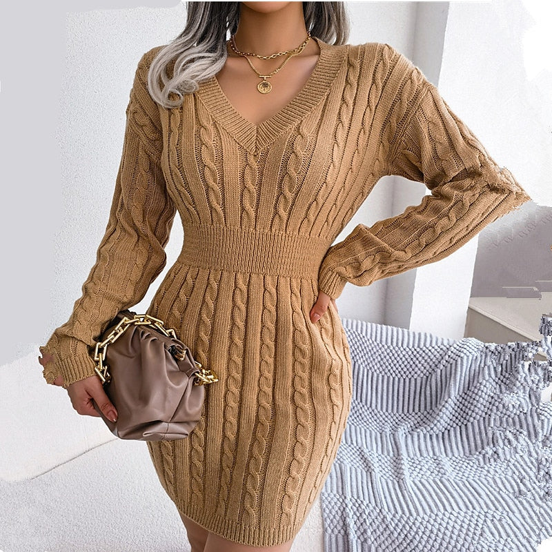 Women's Sweater Dress Jumper Dress Winter Dress Mini Dress Knitwear Fashion Classic Pure Color Winter Dress Holiday Date Fall Dress V Neck Long Sleeve Knit 2023 Loose Fit White Blue khaki S M L