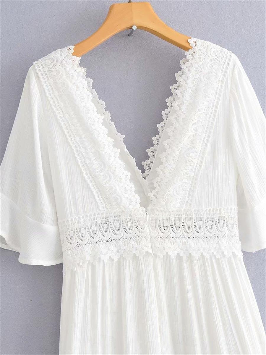 Women's Summer Dress Boho Wedding Guest Dress White Lace Wedding Dress Maxi Dress with Sleeve Vacation Elegant V Neck Half Sleeve White Color