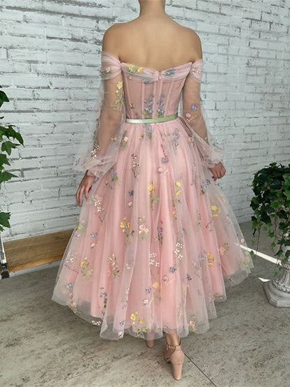 A-Line Prom Dresses Floral Dress Wedding Guest Ankle Length Long Sleeve Off Shoulder Lace with Embroidery Appliques 2023 - LuckyFash™