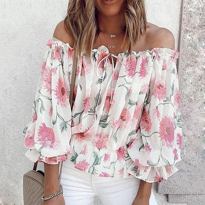 Women's Shirt Blouse Floral Casual Holiday Lace up Button Print Cold Shoulder White Long Sleeve Fashion Off Shoulder Summer