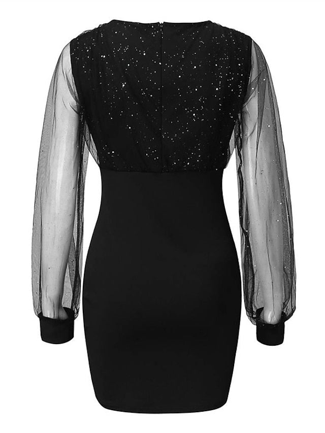 Women's Semi Formal Party Dress Sequin Dress Bodycon Mini Dress Black Wine Purple Long Sleeve Pure Color Sequins Winter Fall Spring V Neck Fashion Winter Dress Fall Dress 2023 S M L XL XXL - LuckyFash™