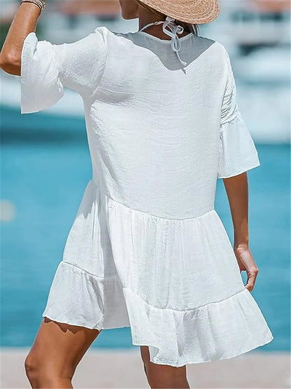 Women's White Dress Casual Dress Summer Dress Mini Dress Ruffle Vacation Beach Basic Crew Neck Half Sleeve White Color