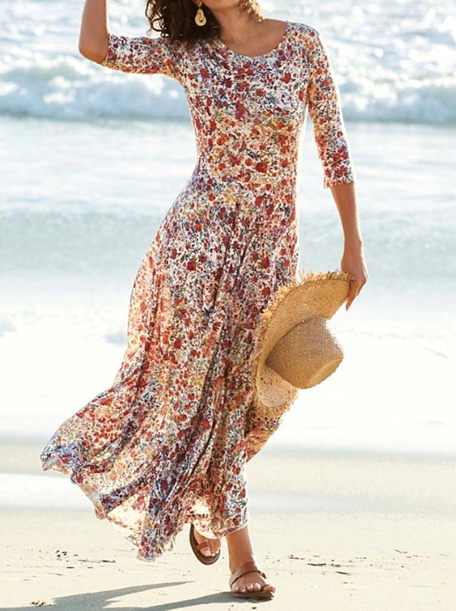 Women‘s Boho Dress Midi Dress Pink 3/4 Length Sleeve Floral Ruched Summer Spring Fall Crew Neck Stylish Weekend 2023 S M L XL XXL 3XL