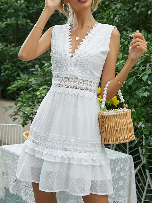 Women's White Lace Wedding Dress Mini Dress Cotton with Sleeve Date Vacation Streetwear A Line V Neck Sleeveless White Color