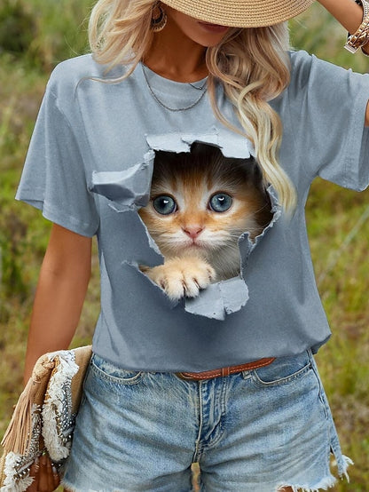 Women's T shirt Tee Animal Daily Weekend Print Blue Short Sleeve Fashion Round Neck 3D cat Summer