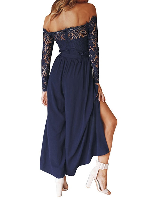 Women's Jumpsuit Lace Backless Solid Color Off Shoulder Streetwear Going out Bar Regular Fit Long Sleeve Navy Blue S M L Winter - LuckyFash™