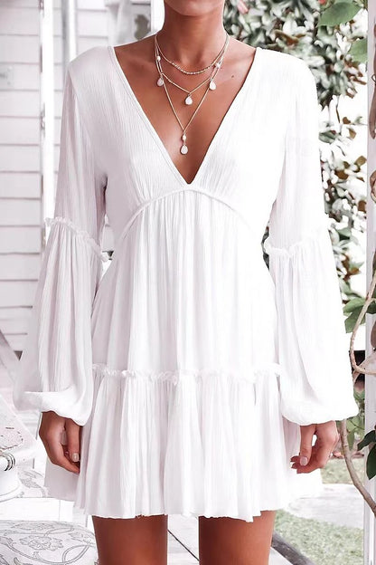 Women's White Dress Mini Dress Patchwork Date Sexy V Neck Long Sleeve White Color