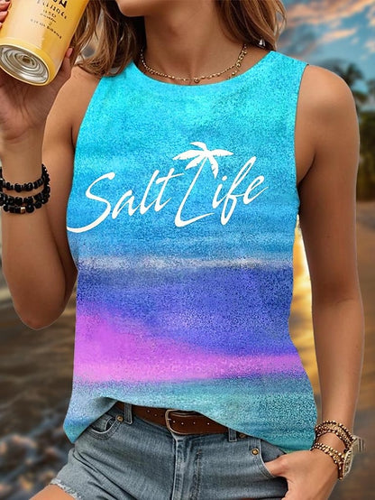 Women's Tank Top Gradient Pink Yellow Beach Palm Tree Graphic Print Casual Vacation Sleeveless Tropical Crew Neck Summer