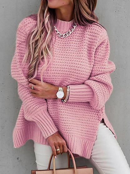 Women's Pullover Sweater Jumper Split Knitted Solid Color Stylish Basic Casual Long Sleeve Sweater Cardigans Round Neck Fall Winter Black Gray Red / Chunky / Going out / Loose