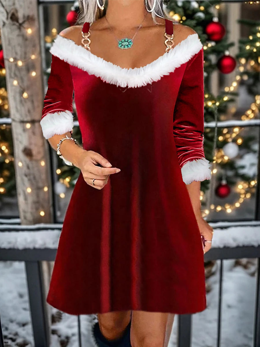 Women's Velvet Dress Party Dress Feather Dress Velvet V Neck Long Sleeve Color Block Mini Dress Christmas Wine Green Spring Winter