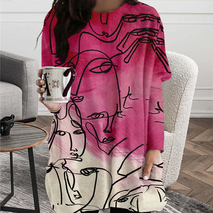 Women‘s Plus Size Curve T Shirt Dress Tee Dress Abstract Crew Neck Print Long Sleeve Winter Fall Casual Daily Vacation Dress