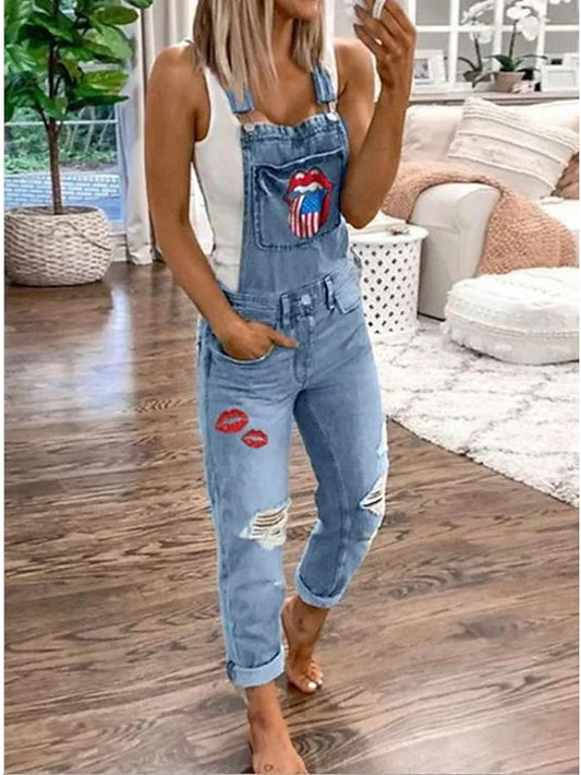 Women's Overall Pocket Ripped National Flag Active Daily Holiday Regular Fit Sleeveless Light color Grey S M L Fall - LuckyFash™