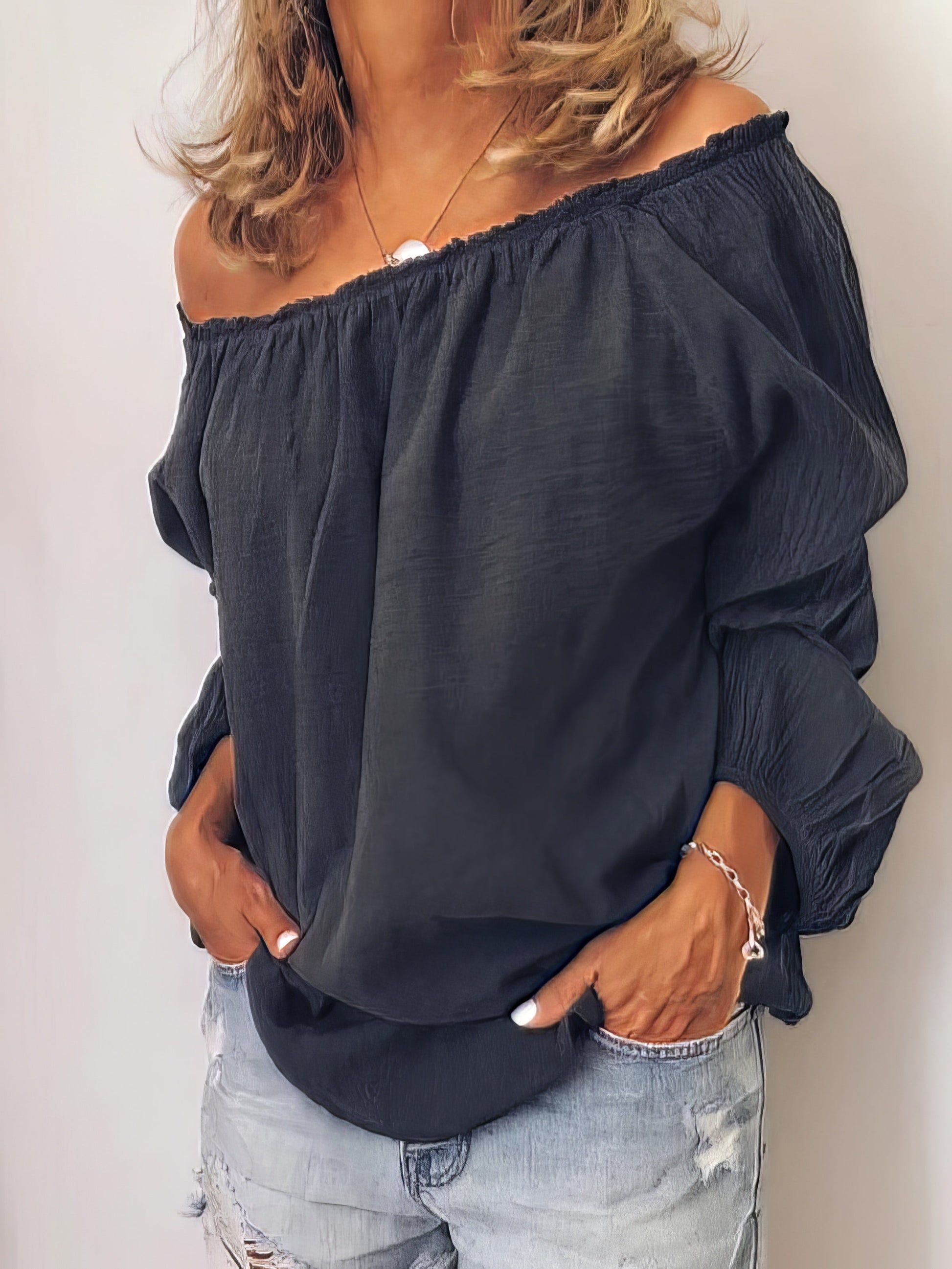 T-Shirts - One-Shoulder Elastic Pleated Long Sleeve T-Shirts - MsDressly