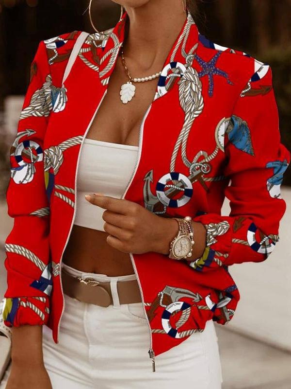 Jackets - Zip Embellished Printed Long Sleeve Jacket - MsDressly