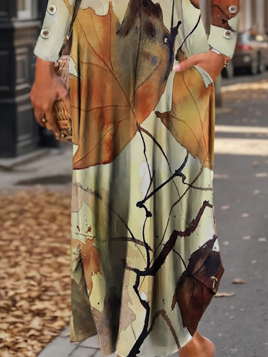 Women's Winter Dress Leaf Print Cowl Neck Long Dress Maxi Dress Daily Long Sleeve Fall Winter